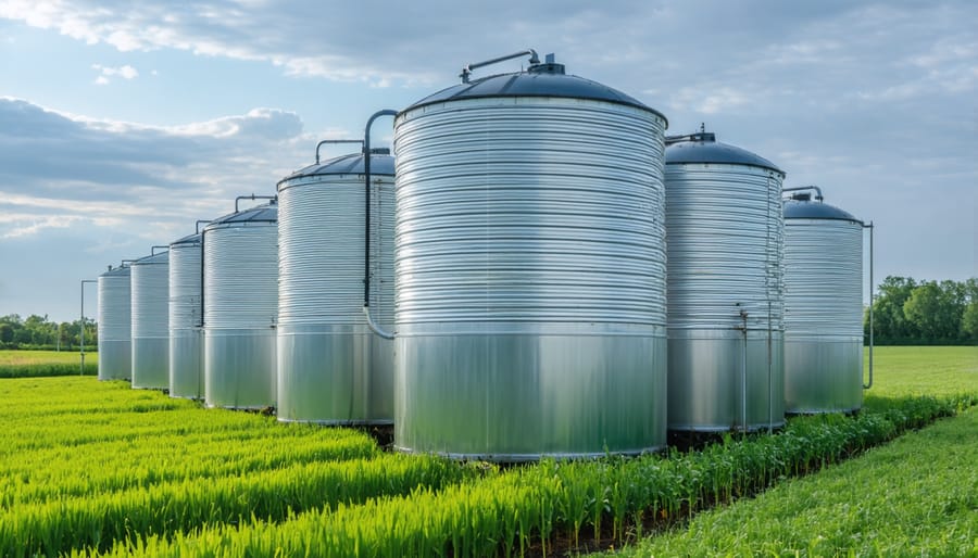 Agricultural rainwater collection system with storage tanks in farm setting