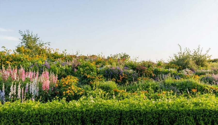 Aerial view of diverse farm fields with vegetable rows and flowering hedgerows