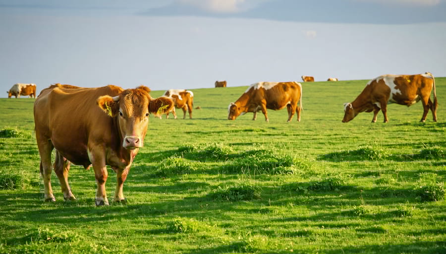Herd of cattle grazing closely together in lush, diverse pasture during sunset