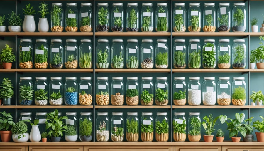 Properly labeled and stored perennial flower seeds in airtight glass containers