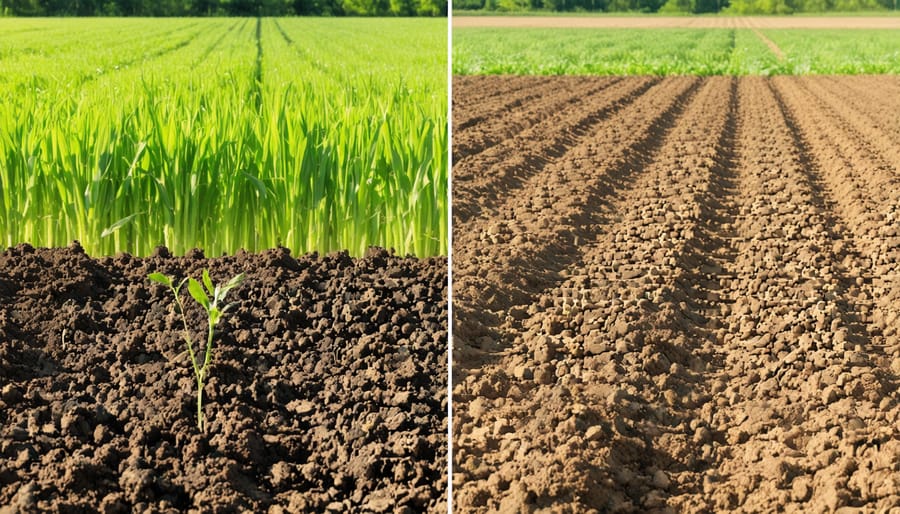 Comparison of compacted, lifeless soil versus rich, dark soil with visible organic matter and structure