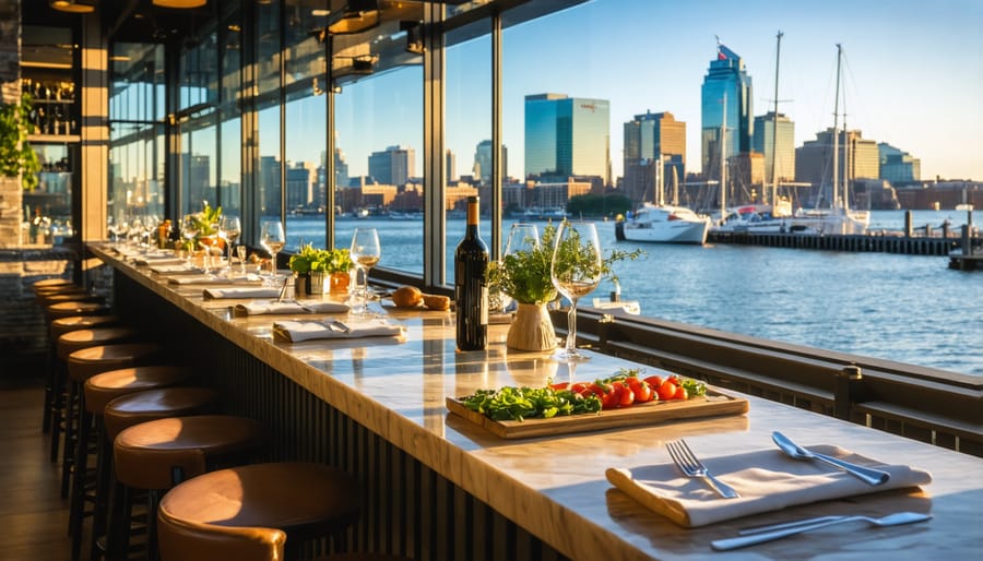 Outdoor restaurant dining scene with seasonal dishes and Boston harbor view