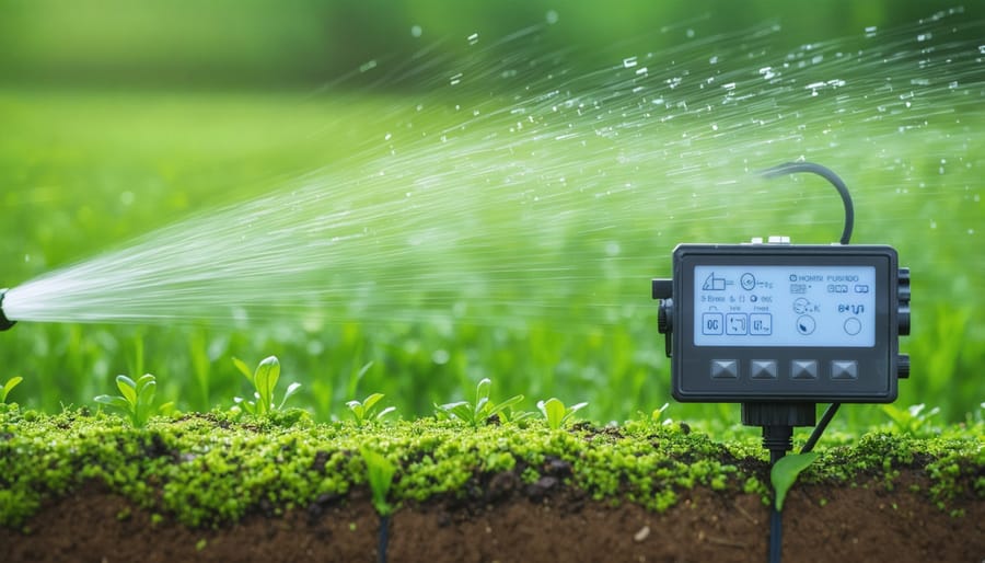 Wireless soil moisture sensor installed in agricultural soil with crops in background