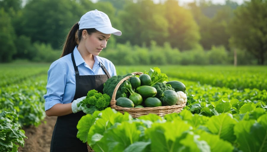Woman farmer examining soil and seedlings while taking notes in garden