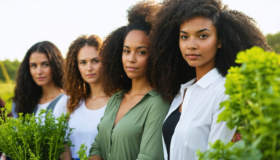 Women's group meeting outdoors at farm table discussing CSA community organizing