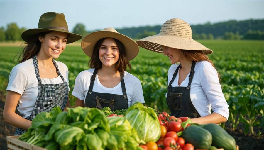 Diverse group of women harvesting vegetables together in community farm field