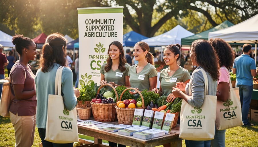 Volunteer ambassador displaying fresh CSA vegetables at community event