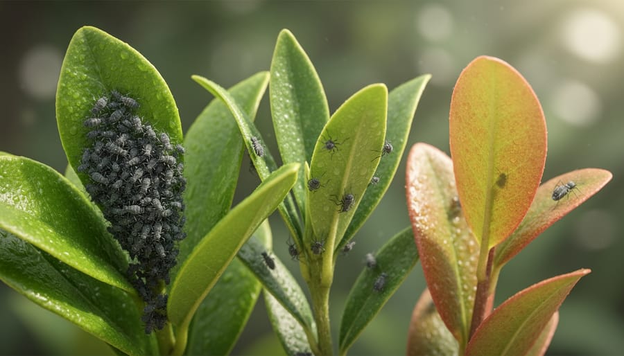 Close-up of tomato plant stem showing aphid infestation with pest detail