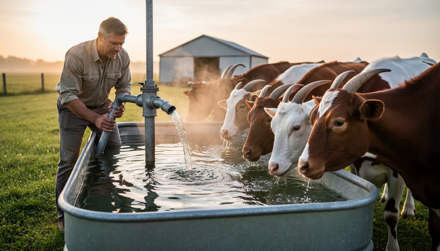 Farmer providing fresh water to chickens in clean metal trough