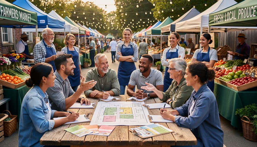 Diverse group of community members discussing farmers market planning at outdoor table