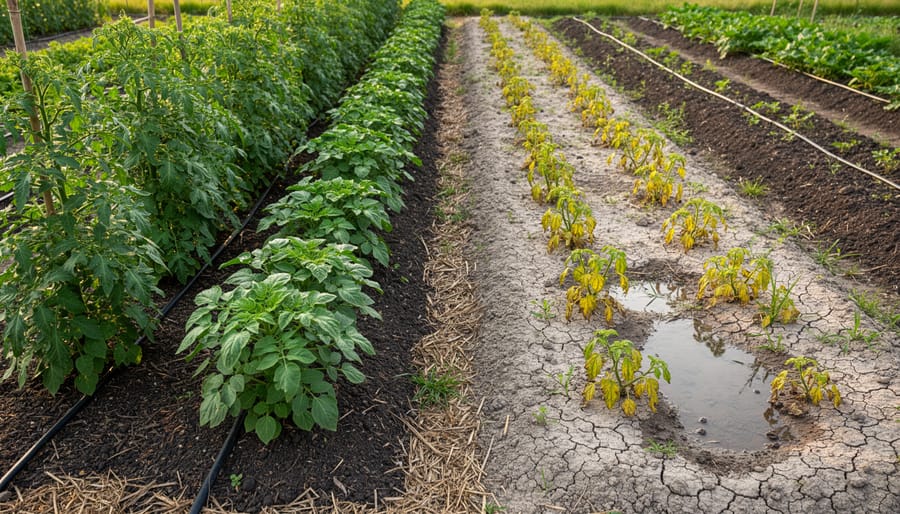 Two adjacent tomato garden plots showing contrasting plant health and productivity