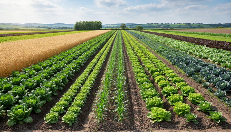 Aerial view of agricultural field showing multiple crop varieties in rotation pattern