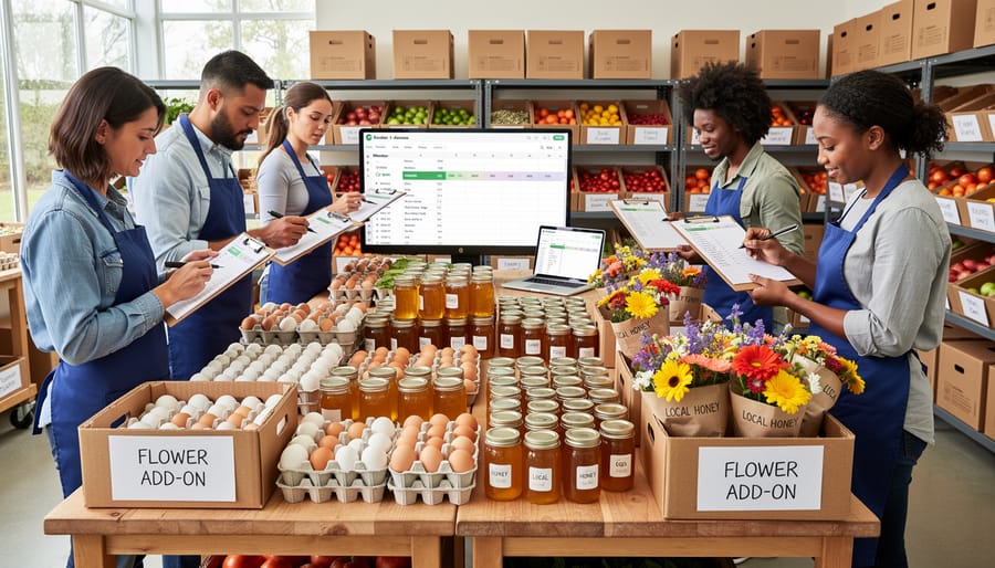 Overhead view of CSA packing station with produce boxes and add-on items including eggs, honey, and flowers