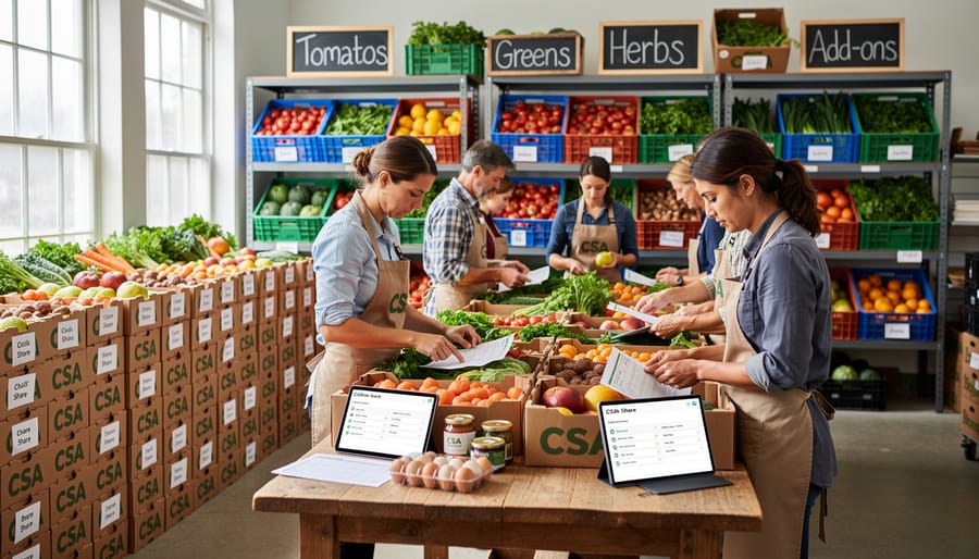 Farmer assembling CSA produce box with fresh vegetables on packing table