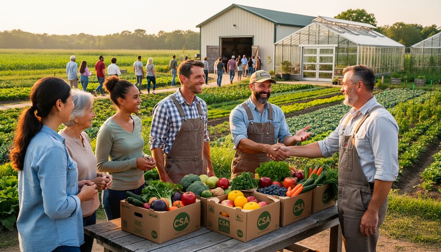 Group of people selecting and discussing fresh vegetables at farm stand with agricultural field in background