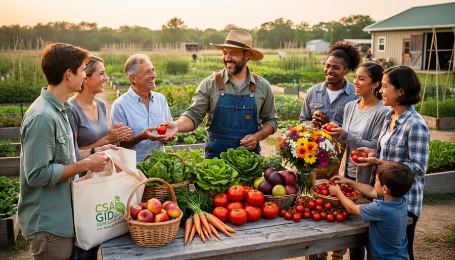 Farmers and CSA members gathering together during harvest in vegetable field
