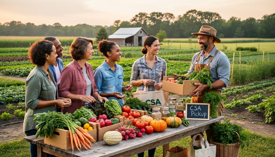 Group of CSA members socializing and holding produce at community pickup location
