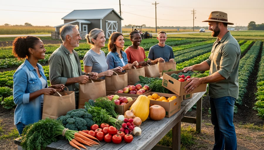 CSA members receiving weekly farm share boxes at farmers market