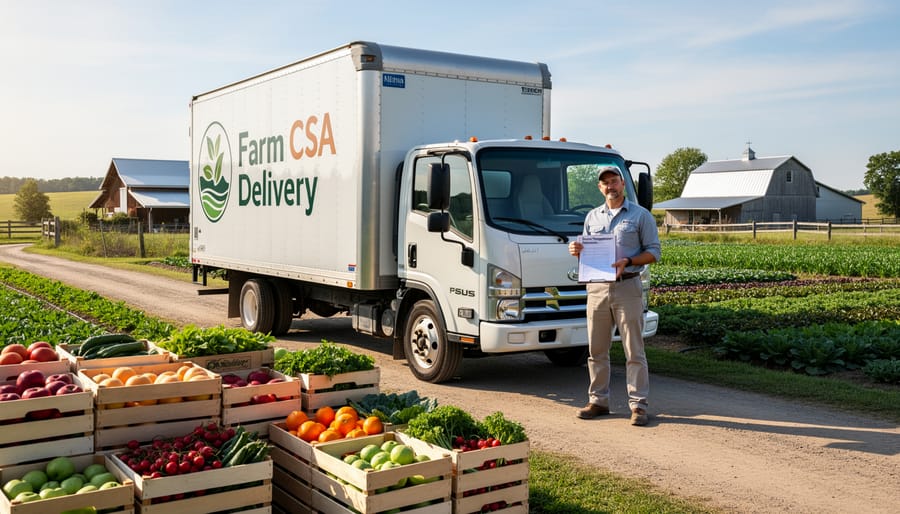 White farm delivery truck with produce crates parked on rural farm road