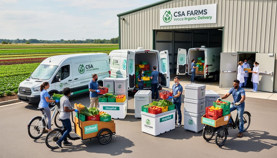 Farmer holding crate of fresh vegetables in front of delivery van