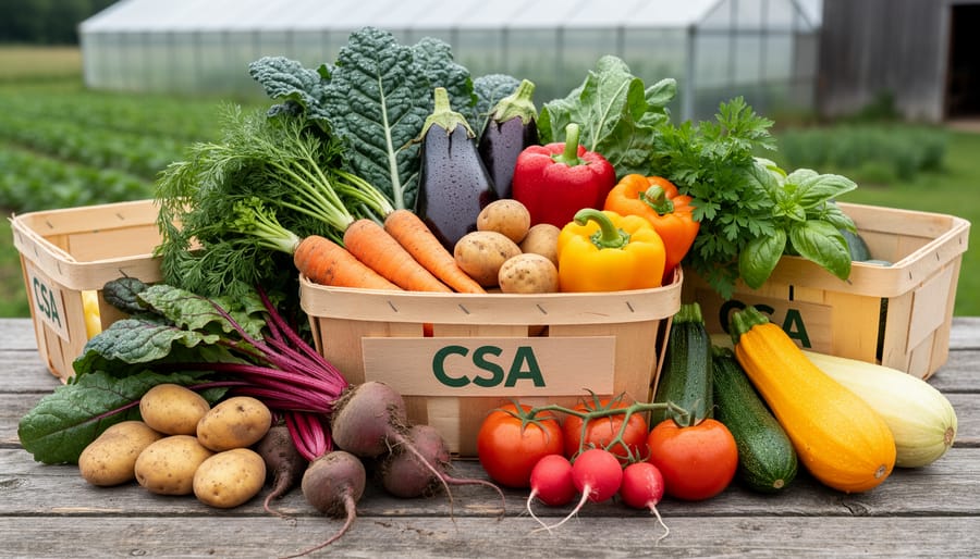 Overhead view of wooden box filled with fresh seasonal vegetables from a CSA farm