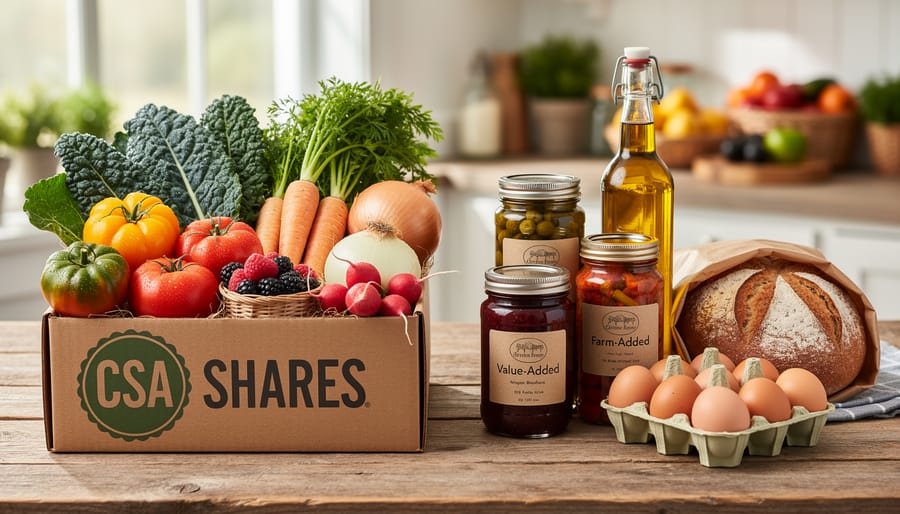 Overhead view of CSA share box with vegetables, eggs, and preserved goods on wooden table