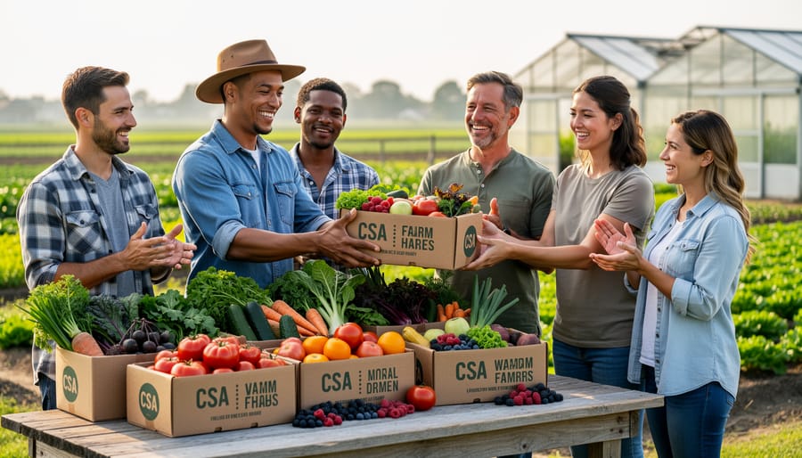 Farmer's hands holding wooden crate filled with fresh seasonal vegetables