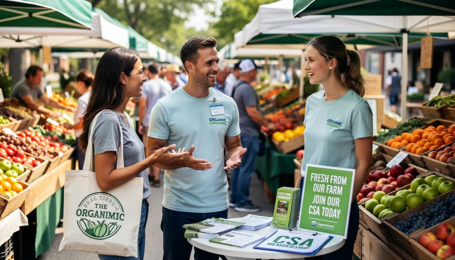 Event ambassador engaging with shoppers at farmers market booth