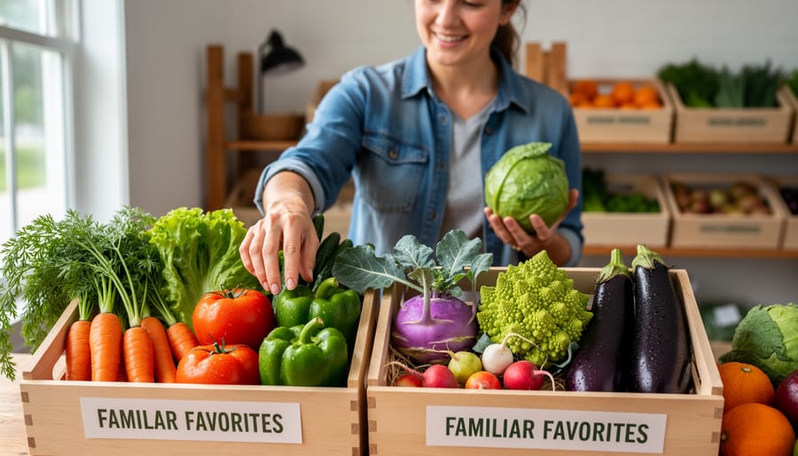 Farmer offering variety of colorful heirloom vegetables to CSA member at pickup location