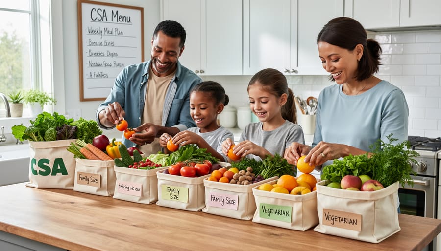 Family unpacking fresh vegetables from CSA delivery bag in home kitchen