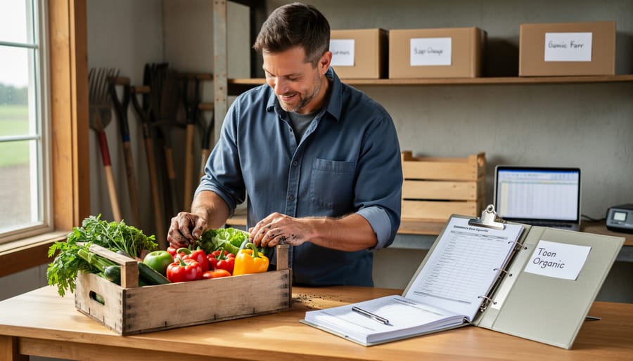 Farmer conducting pre-trip vehicle inspection with checklist at farm truck