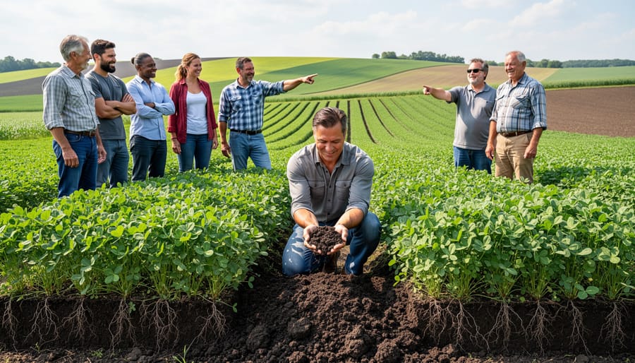 Farmer examining healthy cover crop growth of clover and vetch in agricultural field