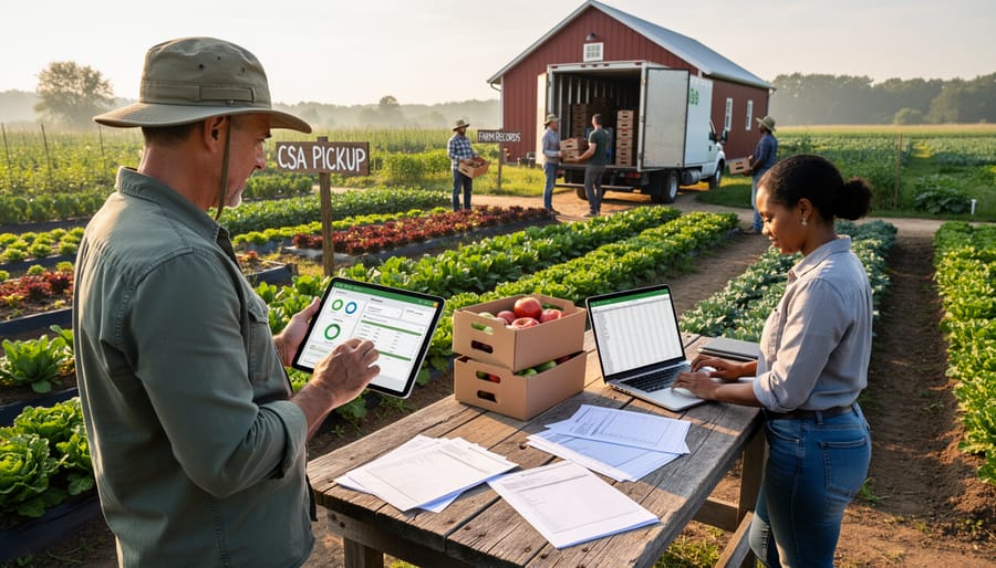 Farmer working on laptop computer with paperwork and harvest basket in farm office