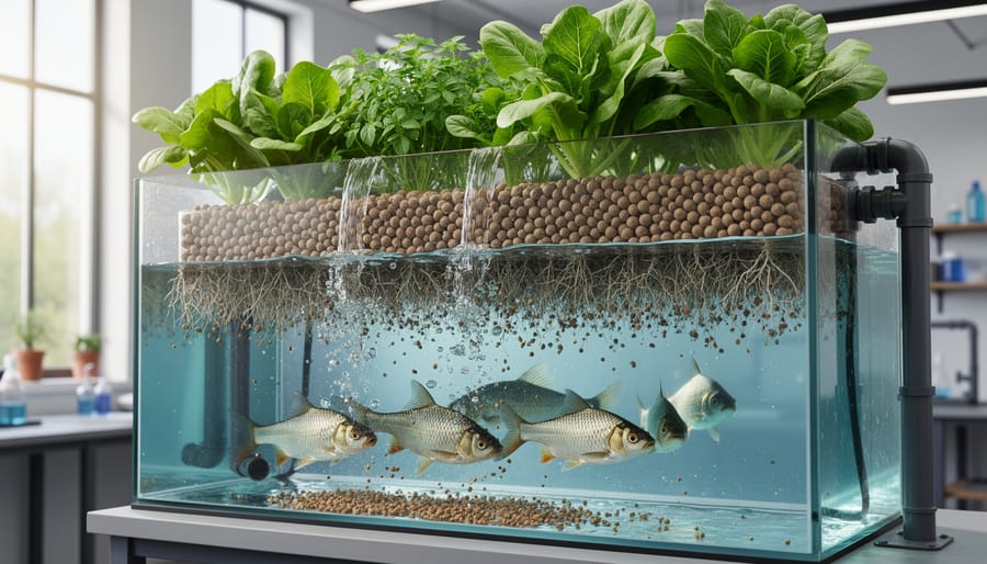 Tilapia fish swimming beneath lettuce plant roots in aquaponics system