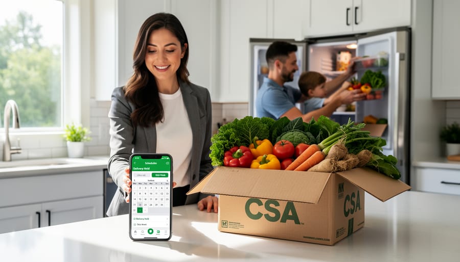Person managing CSA delivery schedule on smartphone with fresh produce box at doorstep
