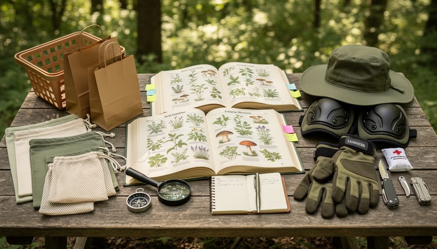 Overhead view of foraging tools and equipment arranged on forest floor
