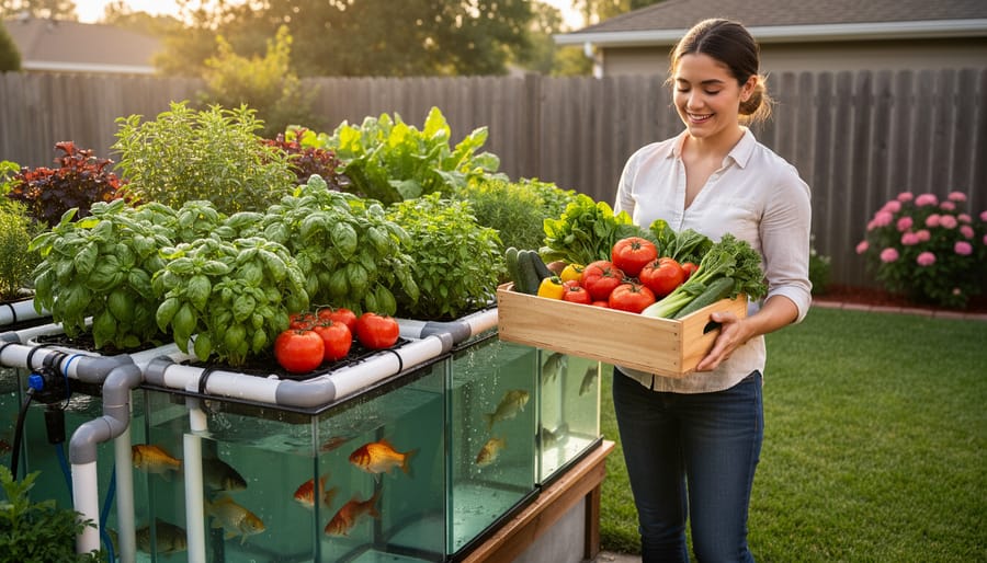 Hands holding freshly harvested lettuce and herbs from aquaponics garden