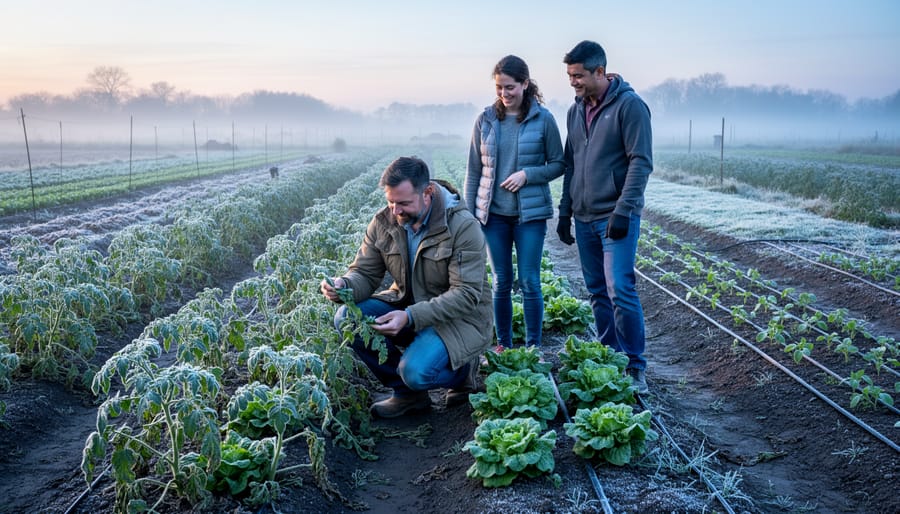 Frost-damaged vegetable seedlings with ice crystals on leaves in farm field