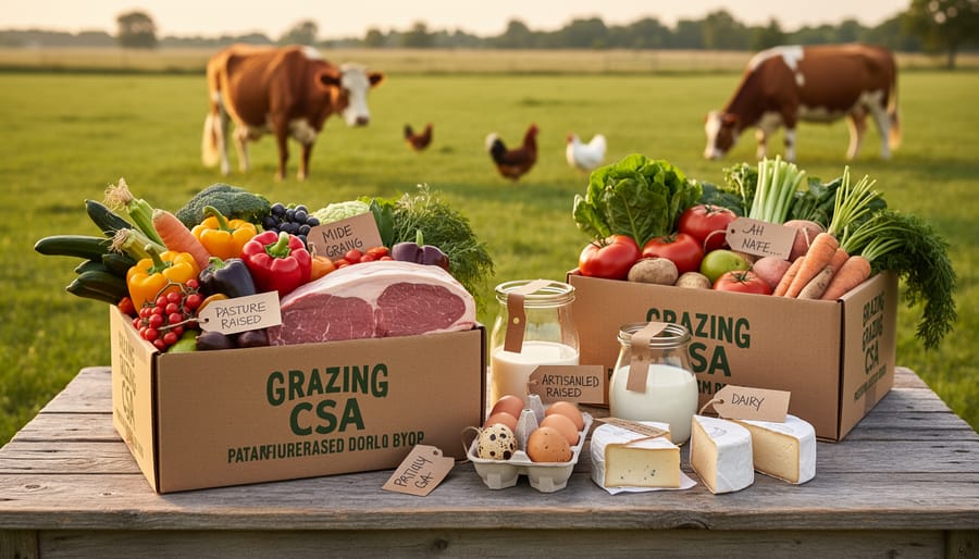 Farm box containing meat packages, milk bottle, and eggs from pasture-raised animals