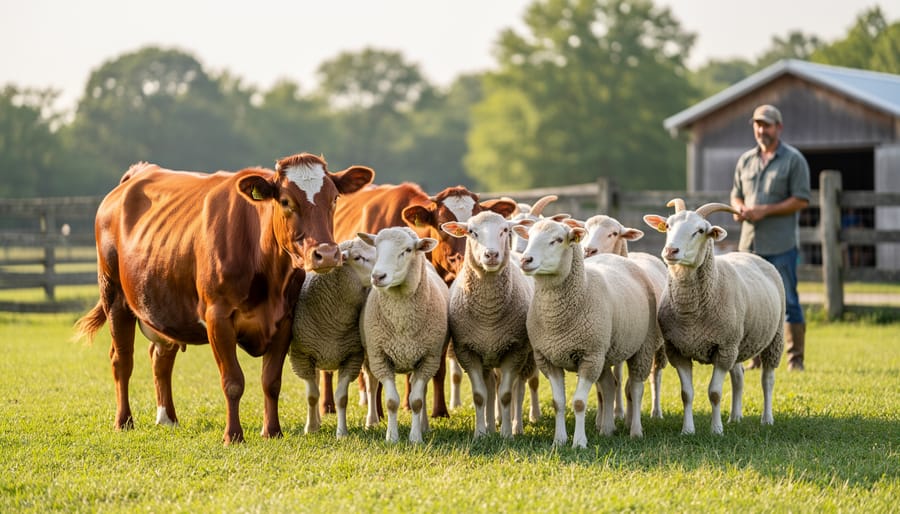 Healthy chickens, goats, and sheep in clean pasture showing alert and active behavior