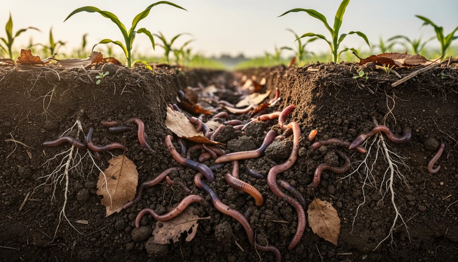 Farmer's hands holding rich dark soil with visible earthworms and organic matter
