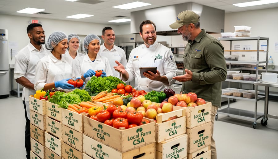 Kitchen worker inspecting fresh local produce delivery in institutional kitchen