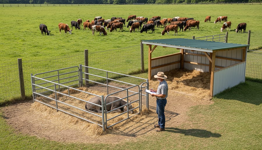 Farmer observing and documenting isolated goat in quarantine pen