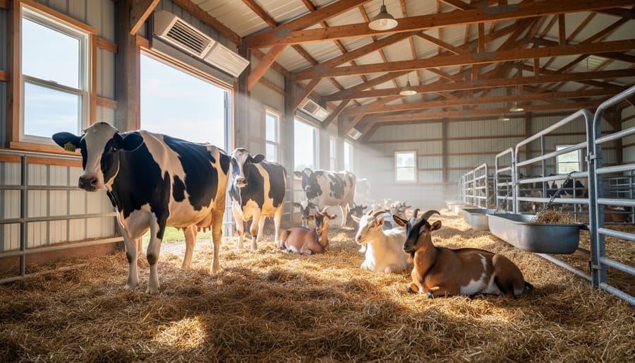 Well-ventilated livestock shelter interior with clean bedding and natural light