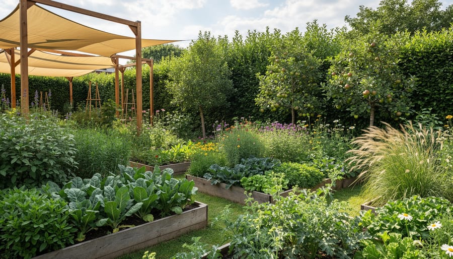 Diverse vegetable garden showing multiple growing microclimates with shade structures and varied planting zones