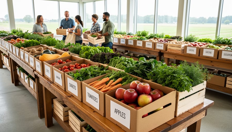 Organized CSA pickup station with vegetable boxes arranged on tables under canopy tent