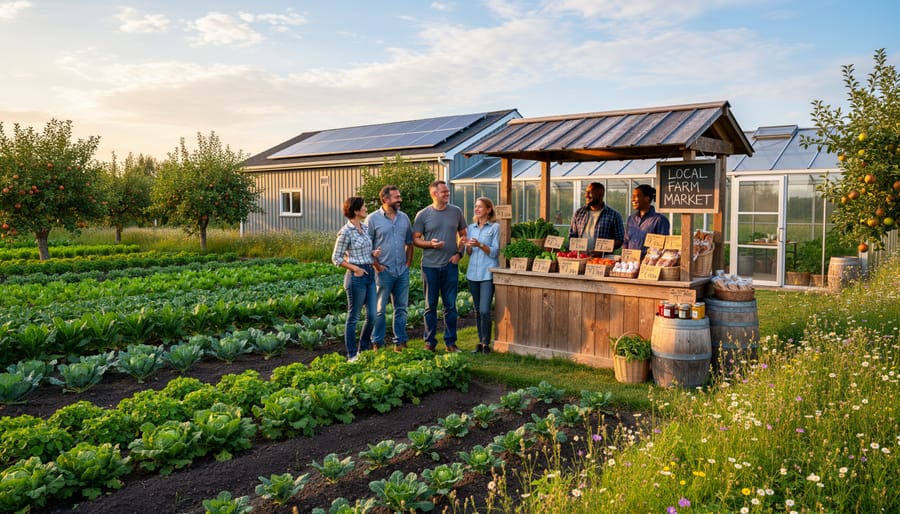 Aerial view of small organic farm with vegetable rows and farmer working in field