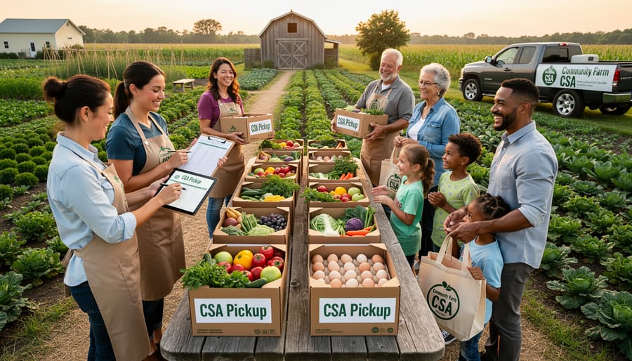 Happy CSA members picking up their customized produce boxes at farm location