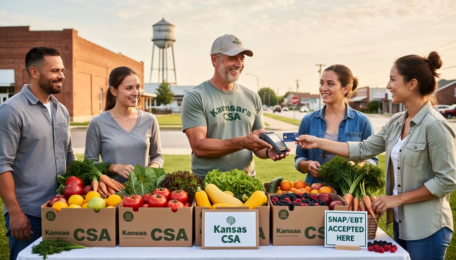 Family hands holding fresh local vegetables with EBT card on wooden table