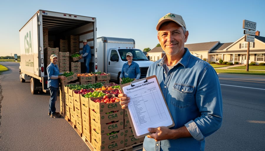 Confident farmer standing beside produce delivery van at sunset on farm